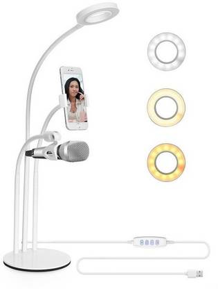 TECHGEAR 3-in-1 Flexible Broadcast Microphone Desktop Stand with Selfie Ring Fill Light Smartphone Mic Holder for Live Streaming Broadcasting YouTube Video,Tiktok Videos Lover [3-Light Mode] [10-Level Brightness] 360 Degree Rotating Makeup Also Use For Study Mobile Holder
