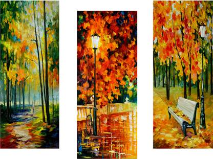 Masstone Forest Tree Street View Modern Art 3 Piece MDF (6 mm) Painting Digital Reprint 15 inch x 18 inch Painting