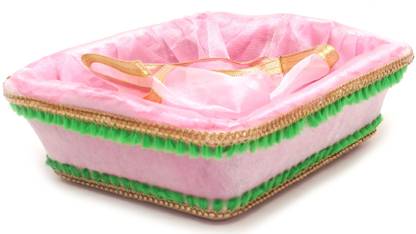 LINE 'N' CURVES Set of 2 Decorative Empty Baby Pink Velvet Basket / Net Basket / Gift Hamper Set / Trousseau Packing / Size-11*8*4 Inches Storage Box