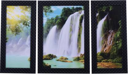 BIG BANG CREATIONS Waterfall Design Textured UV Digital Reprint Framed Set Of 3 Wall Painting Digital Reprint 14 inch x 24 inch Painting