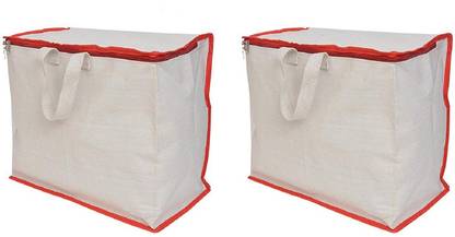 Sanchi Creation Shopping Grocery Vegetable Storage White Canvas Bag with Reinforced Handles and Thick Base with Storage Covers Zip Pack of 2 Grocery Bags