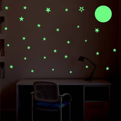 Creatick Studio 5 cm Dark Galaxy of Stars with Moon Radium Night Glow wall stickers Pack Of 2 Self Adhesive Sticker