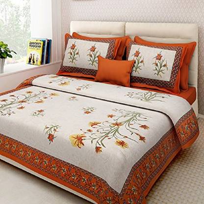 RAJDEVI JAIPUR PRINTS 351 TC Cotton Double, King Printed Fitted & Flat Bedsheet