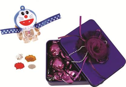 Skylofts Stylish 100gms Chocolate Ractanguler Tin Gift Pack with LED Rakhi for Kids Combo