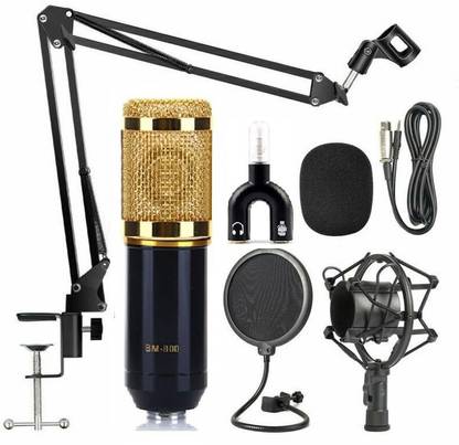 Techtest BM-800 Mic Kit Adjustable Mic Suspension Scissor Arm, Plastic Shock Condenser Studio Microphone, ( Metal Stand NB-35 + Microphone Pop Filter + Microphone BM800 Golden )