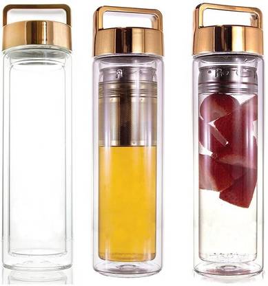 Dtox Bottle Double Walled Glass Bottle Infuser with Shiny Stylish Metallic Gold Handle 450 ml Bottle