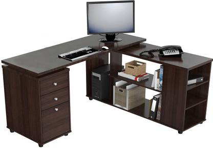 Lakdi - The Furniture Co. Modern Style L-Shaped Computer Table with Drawers & Shelves Engineered Wood Study Table