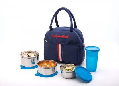 Signoraware Stylish Steel Lunch Box with Tumbler - T. Blue Colour 4 Containers Stainless Steel, Plastic Office Lunch Box