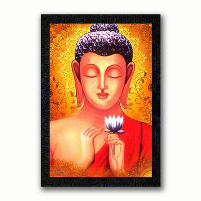 Poster N Frames UV Textured Decorative Art Print of Buddha with wooden synthetic frame Digital Reprint 14 inch x 20 inch Painting