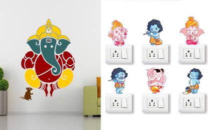 Walltech 10 cm Ganesh ji With Free Ganesh and Friends Switch Board Sticker Self Adhesive Sticker