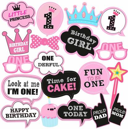 Party Propz 1st Birthday Photobooth for Girls (Multi)-Set of 19 Pieces Photo Booth Board
