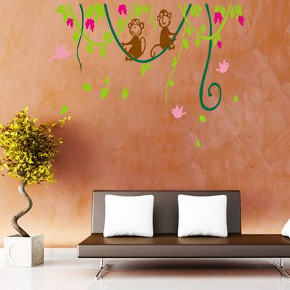 Creatick Studio 61 cm Sitting monkey under tree With bird wall stickers Self Adhesive Sticker