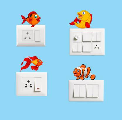 SUDARSHAN DESIGNS 8 cm Switch Board Sticker - Funny Fish Wall Decorative - Switch Panel Stickers Wall Sticker Set of 4 - Light Switch Sticker Self Adhesive Sticker