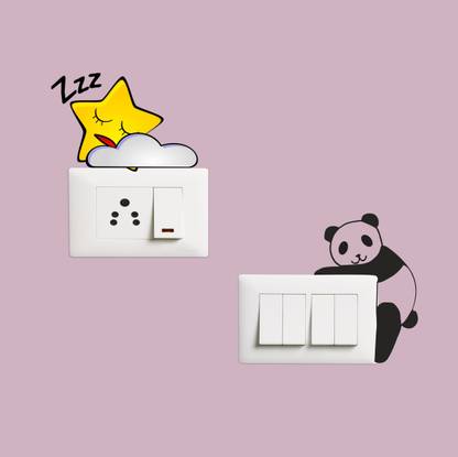 DECOR KAFE 9 cm Switch Board Sticker - Sleeping Star and a Cute Panda Wall - Switch Panel Set of 2 - Self Adhesive Sticker