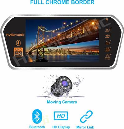 Hypersonic 7 INCH WIDE SCREEN MIRROR LINK REAR VIEW MIRROR LED MONITOR CHROME PANEL WITH LED MOVING CAMERA 1 YEAR WARRANTY Black LED