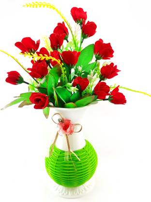 Rose Vibe Guldasta Pot with Artificial Velvet Flower Roses Bunch for Home Decor, Many Flowers Heads Roses Kali Red, Green Rose Artificial Flower  with Pot