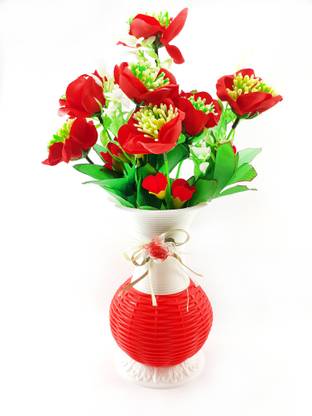 Rose Vibe Guldasta Pot with Artificial Velvet Flower Roses Bunch for Home Decor,Real Looking 7 Roses Head With Kali Red, Green Rose Artificial Flower  with Pot