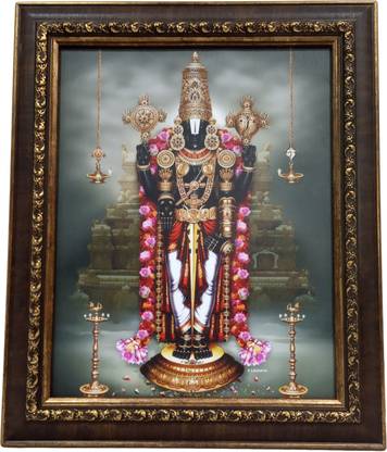 C.K.Handicrafts Lord Tirupati Balaji Painting Pigment Printing Photo Pink Mala with Frame Small Size Religious Frame