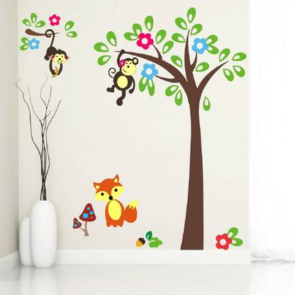 GharKraft 50 cm Monkey Hanging on Tree Self Adhesive Sticker