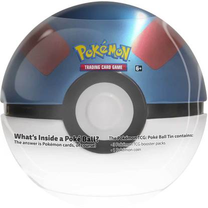Pokmon POKEMON TCG: POKE BALL TIN GREAT BALL METAL TIN- NEW WHITE & BLUE COLOR |4 Booster Packs with 1 Coin