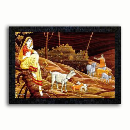 Poster N Frames UV Textured Decorative Art Print of Rajasthani Culture Figurative Art painting on paper with wooden synthetic frame Digital Reprint 14 inch x 20 inch Painting