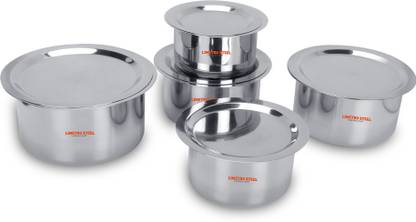 LIMETRO STEEL Stainless Steel Flat Bottom 22 Gauge 5 pcs Tope Set With Lid Cookware Set