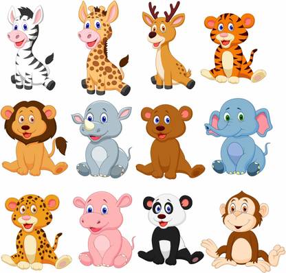 Pixel Print 45 cm Beautiful Jungle Wild Animal Cartoon Switch Sticker Set of 12 Removable Sticker