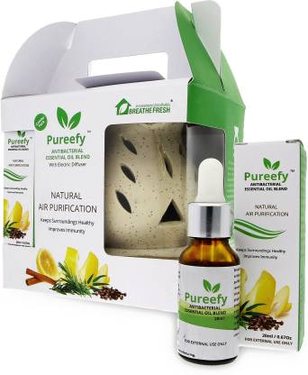 BreatheFresh Pureefy Antibacterial Essential Oil Blend of Clove Bud, Lemon, Eucalyptus, Cinnamon and Rosemary with Diffuser Set