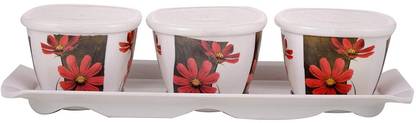 FORTUNE Air Tight Floral Design Melamine Storage Container/Jar with Tray (White, Standard Size) - Set of 3 Container Serving Set