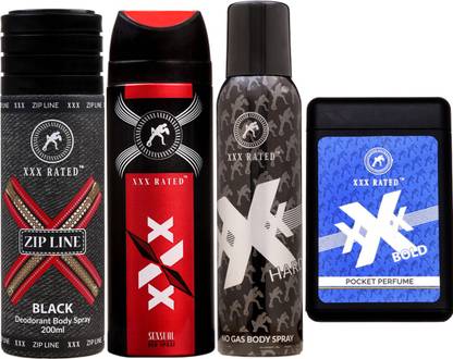 XXX Rated Family Combo (1 ZipLine Black,1 Gas Sensual,1 No Gas Hard And Pocket Deodorant Spray  -  For Men & Women