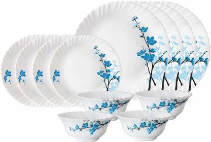 Larah by Borosil Pack of 12 Opalware, Glass Mimosa Opalware Dinner Set, 12-Pcs, White Dinner Set