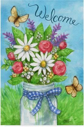 Spring Mason Jar Flowers Welcome Canvas Art