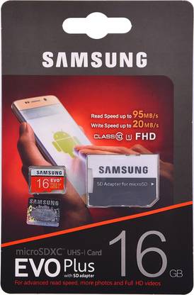 SAMSUNG MB-MC16GA-IN EVO Plus with SD adapter 16 GB MicroSDHC Class 10 95 MB/s  Memory Card Compatible with Camera, Computer, Mobile, Tablet