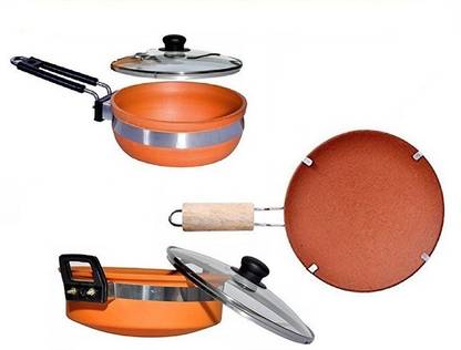 aarogyaveda Mitti Kadai , Frying pan and Tawa with Handle Combo Cookware Set