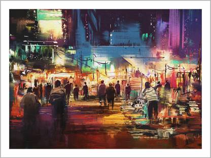 Mera wala print - Cityscape : (Painting of Shopping Street City with Colorful Light) - Digital Canvas Print | Environment Friendly & Odorless Canvas (Unframed) Canvas 44 inch x 59 inch Painting