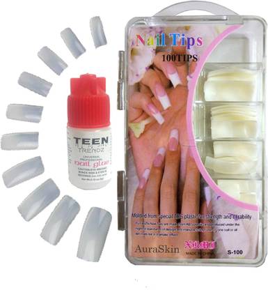 AuraSkin Artificial Nails 100 Tips with Glue for Professional and Personal Use Fake Nails Off White white