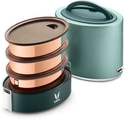 वाया Tyffyn 1000 ml Green Copper-Finished Stainless Steel Tiffin Box without BagMat (One 400 ml + Two 300 ml Containers) - 3 कंटेनर लंच बॉक्स