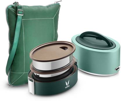 Vaya Tyffyn Lyte 600 ml Green Polished Stainless Steel Tiffin Box with BagMat (Two 300 ml Containers) - 2 Containers Stainless Steel Office Lunch Box