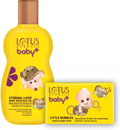 LOTUS HERBALS Baby+ Eternal Love Massage Oil 200 ml & Little Bubbles Gentle Bathing Soap 75 gms