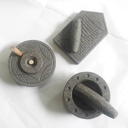 KushalStone Miniature Traditional Mortar Pestle/Batan/Handmill Set in Solid Basalt Stone Size 4 inches Decorative Showpiece - 5 cm