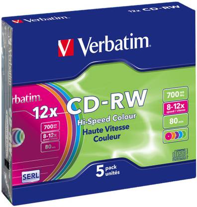 Verbatim CD Rewritable 43167 Pack of 5 CD-RW Rewritable Colorful Disc in Slimcase Speed 12x 700 MB