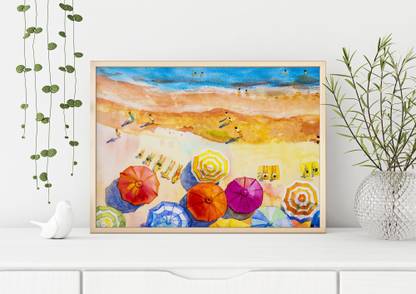 Mera wala print - Landscape : (Colorful Seascape of Family Vacation and Tourism in Summer Under Umbrellas) - Digital Canvas Print | Environment Friendly & Odorless Canvas Print (Unframed) Canvas 40 inch x 59 inch Painting