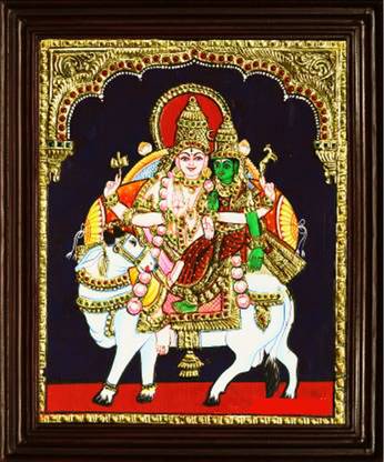 Sandiv Art Gallery Pradosham Shiva Parvathi In Nandhi Tanjore Painting Natural Colors 12 inch x 10 inch Painting