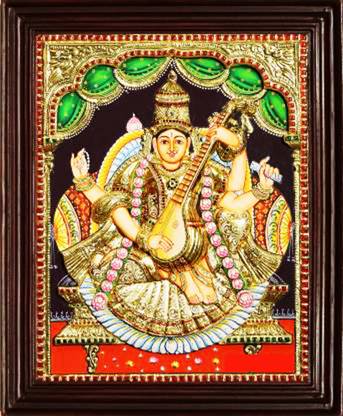 Sandiv Art Gallery Saraswathi Tanjore Painting Natural Colors 12 inch x 10 inch Painting