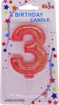 FUNCART Red color glitter numerical number three shape Candle