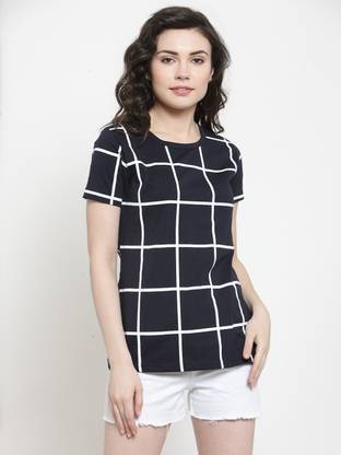 Checkered Women Black T-Shirt