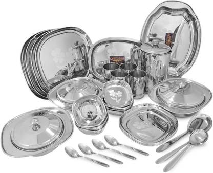 Crockery Wala And Company Pack of 52 Stainless Steel Laser Stainless Steel Dinner Set, 52 Piece, Square, Silver Dinner Set