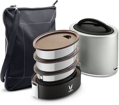 Vaya Tyffyn Lyte 1000 ml Silver Polished Stainless Steel Tiffin Box with BagMat (One 400 ml + Two 300 ml Containers) - 3 Containers Lunch Box