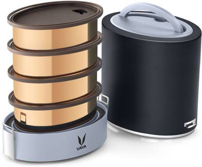 वाया Tyffyn Jumbo 1300 ml Black Copper-Finished Stainless Steel Tiffin Box without BagMat (One 400 ml + Three 300 ml Containers) - 4 कंटेनर लंच बॉक्स