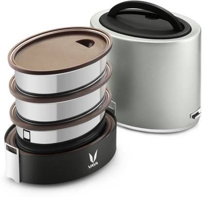 Vaya Tyffyn Lyte 1000 ml Silver Polished Stainless Steel Tiffin Box without BagMat (One 400 ml + Two 300 ml Containers) - 3 Containers Lunch Box